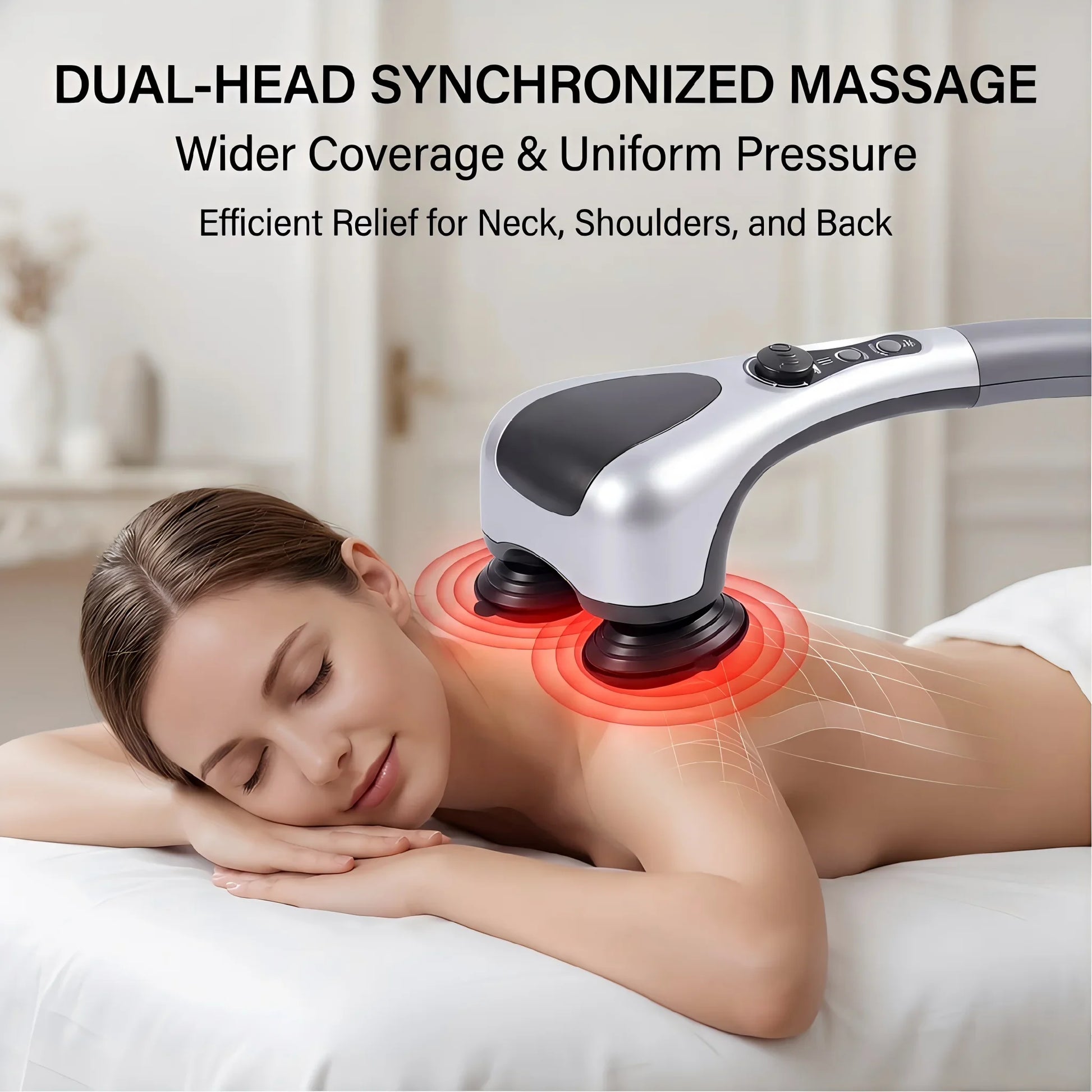 Dual-Head Handheld Electric Massager with Infrared Heat, Strong Vibration, Stepless Speed Control, Replaceable Massage Heads,