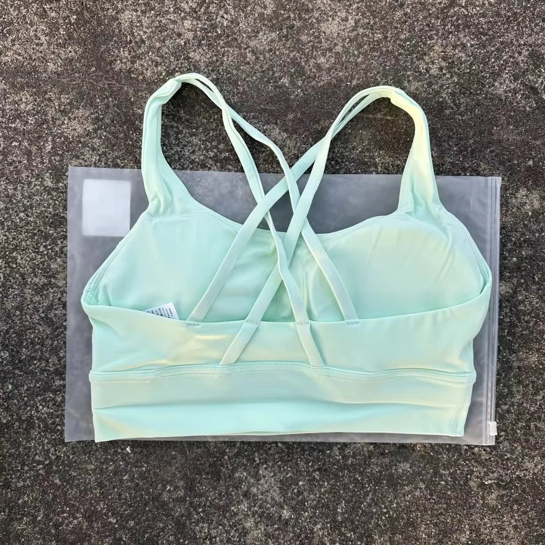 Solid Color Soft Cross Back Women Fitness Bra Tights Yoga Vest High Strength Shockproof Gym Sports Top Push up with Chest Pad