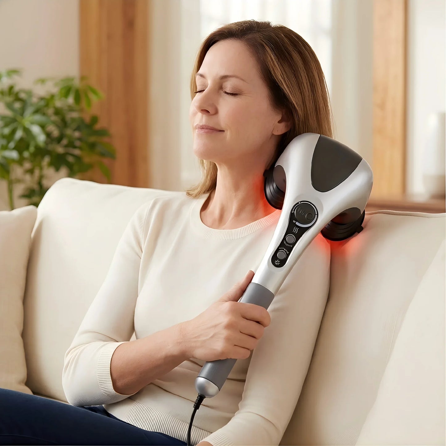 Dual-Head Handheld Electric Massager with Infrared Heat, Strong Vibration, Stepless Speed Control, Replaceable Massage Heads,