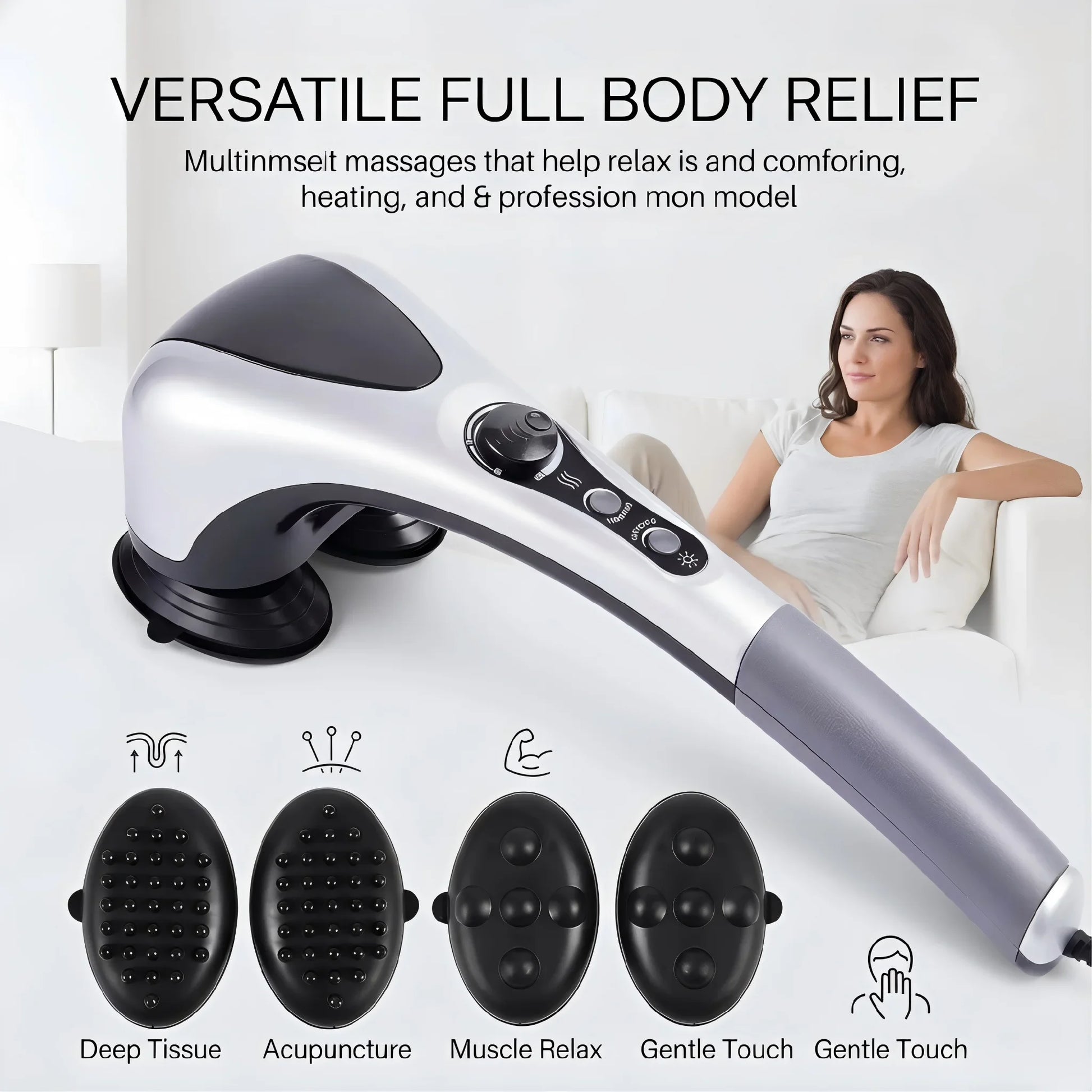 Dual-Head Handheld Electric Massager with Infrared Heat, Strong Vibration, Stepless Speed Control, Replaceable Massage Heads,