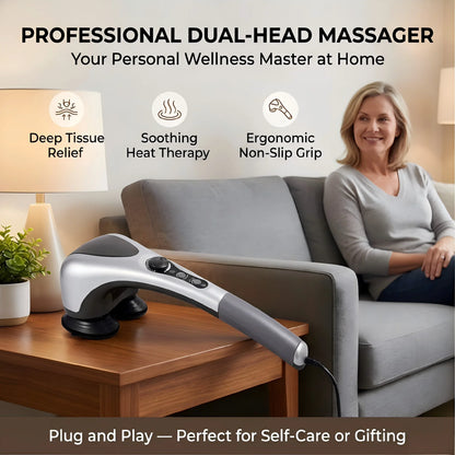 Dual-Head Handheld Electric Massager with Infrared Heat, Strong Vibration, Stepless Speed Control, Replaceable Massage Heads,