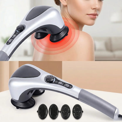 Dual-Head Handheld Electric Massager with Infrared Heat, Strong Vibration, Stepless Speed Control, Replaceable Massage Heads,