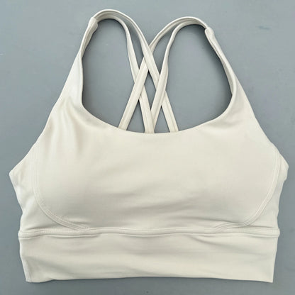 Solid Color Soft Cross Back Women Fitness Bra Tights Yoga Vest High Strength Shockproof Gym Sports Top Push up with Chest Pad