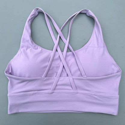Solid Color Soft Cross Back Women Fitness Bra Tights Yoga Vest High Strength Shockproof Gym Sports Top Push up with Chest Pad