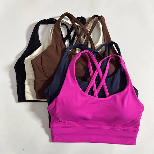 Solid Color Soft Cross Back Women Fitness Bra Tights Yoga Vest High Strength Shockproof Gym Sports Top Push up with Chest Pad