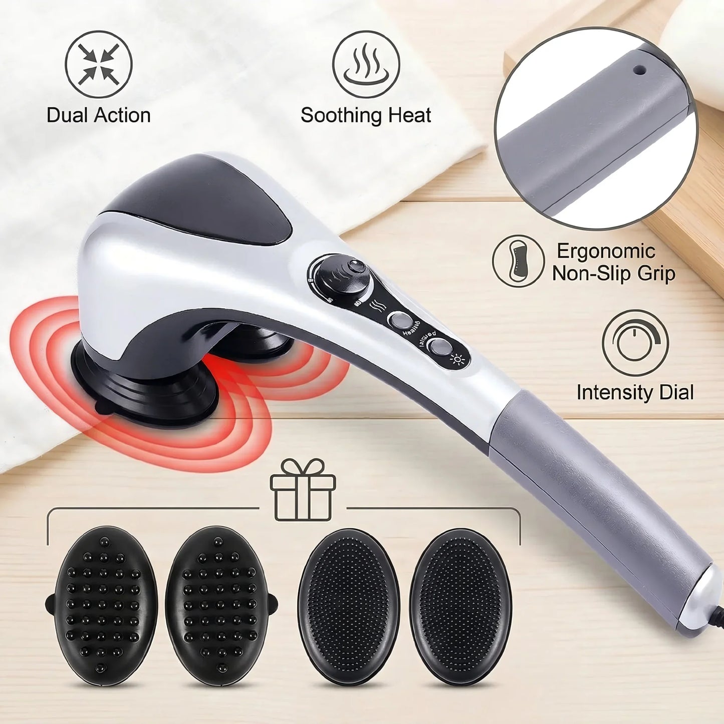 Dual-Head Handheld Electric Massager with Infrared Heat, Strong Vibration, Stepless Speed Control, Replaceable Massage Heads,